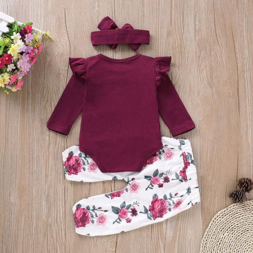 3PCS Newborn Baby Girls Clothes Tops Romper Floral Pants Headband Outfits Set Clothes
