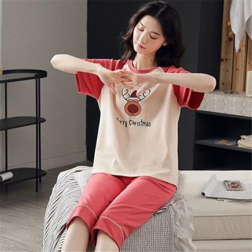 Summer Pajamas Set Women Short Sleeve Cropped Trousers Cartoon Cotton Sleepwear Pajamas Plus Size Pyjamas Loose loungewear H1354
