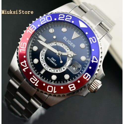 Bliger 43mm black&blue dial luminous marks sapphire glass ceramic bezel date GMT automatic mens top mechanical watch
