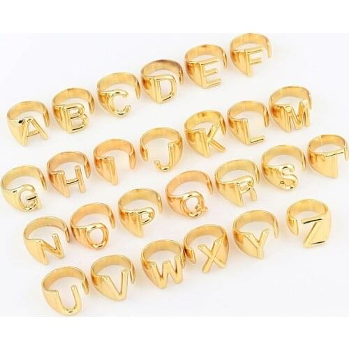 Chunky Wide Hollow A-Z Letter Pure Copper Metal Adjustable Opening Ring Initials Name Alphabet Female Party Fashion Jewelry