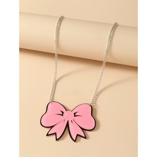 New Lovely Pink Bowknot Pendant Necklace For Women Girls Cute Acrylic Glitter Bowknot Long Necklace Fashion Party Jewelry Gifts