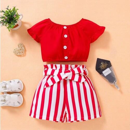 Girls clothes fashion sweet two-piece Big round neck sweatshirt T-shirt + striped five-point pants Beibei Quality child clothing