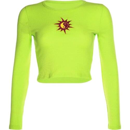 Autumn Womens Fashion Sun Embroidered Slim Long Sleeve T-Shirt