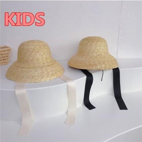 202104-LELE NEW SUMMER kids HANDMADE straw Hepburn style RIBBON GIRL bucket cap children leisure fishermen hat