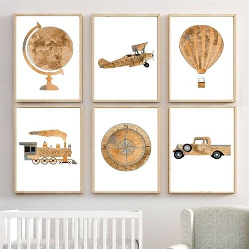 Compass Globe Airplane Car Train Retro Nordic Nursery Posters And Prints Art Canvas Painting Wall Pictures For Kids Room Decor