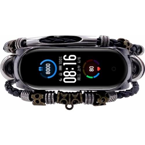 Retro Mi Band 3 4 5 Strap Wrist Strap For Xiaomi Mi Band 4 5 Leather Strap Replacement Leather Beading Bracelet Strap