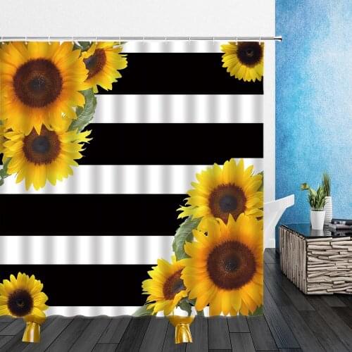 Cartoons Flowers Shower Curtains Stripe Yellow Sunflower Plant 3D Waterproof Polyester Cloth Bathroom Decor Curtains With Hooks