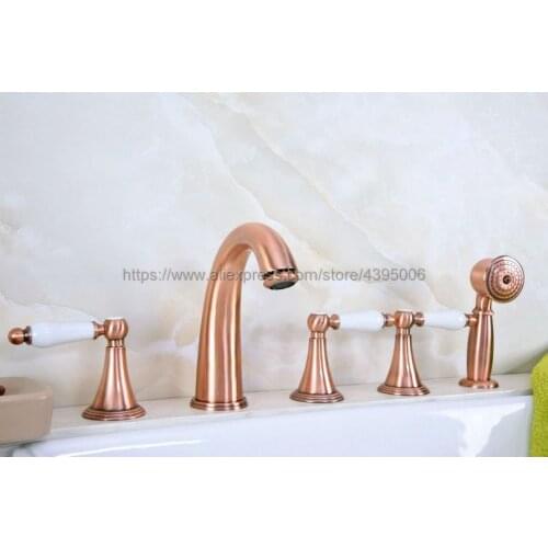 Bathtub Faucet 5 Pcs Widespread Roman Tub Faucet Three Ceramic handle Bathtub Mixer tap with Handshower Deck mounted Btf209