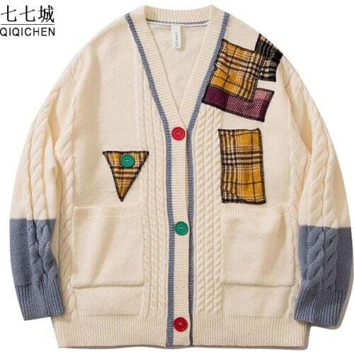 Retro Sweater Cardigan Men Women Plaid Patchwork V Neck Knitwear Sweater Men Winter Oversized Streetwear Cardigan Coat Unisex