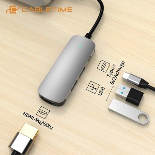 CABLETIME USB C HUB USB C to HDMI 4K 60Hz LED Light USB3.0 Converter 4 in 1 for MacBook Pro Huawei Matebook Multi Hub H01