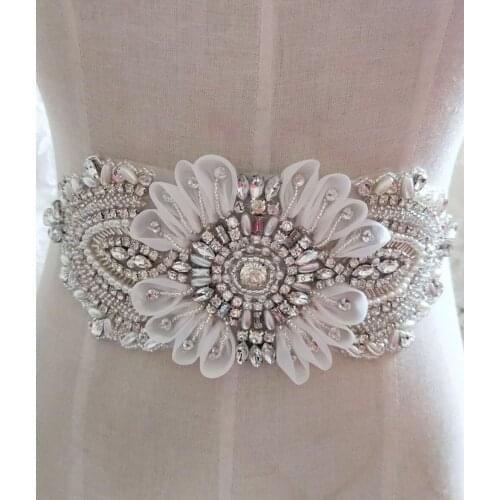 Gorgeous Rhinestone Crystal Applique With 3D Chiffon Flowers For Bridal Accessories Wedding Dress Sash Haute Couture Costume