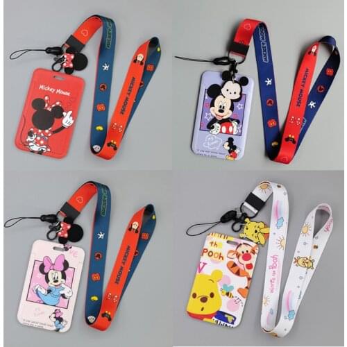 Disney Mickey Mouse Winnie Pvc Card Cover Anime Figures Minnie Hanging Bag Card Cartoon Pvc Bag Card Holder Lanyard Id Card Gift