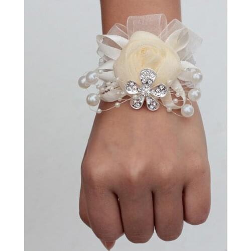 5Pieces/Bag Wedding Party Prom Women Hand Wrist Flower Bridal Bridesmaid Mother Handmade Ivory Snow Yarn Rose Bracelet Flowers