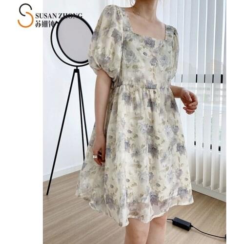 Women Summer Dress Short Sleeve Lantern Female One-Piece X Line V Neck Calf Length Unique Fabric Texture Romantic Vintage Pleats