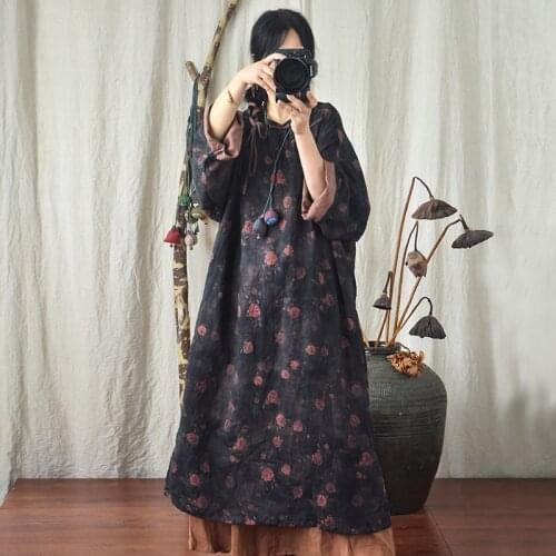 Women Spring Autumn Printed Linen Dress Ladies Loose Flax Dresses Female 2021 Robe Dresses