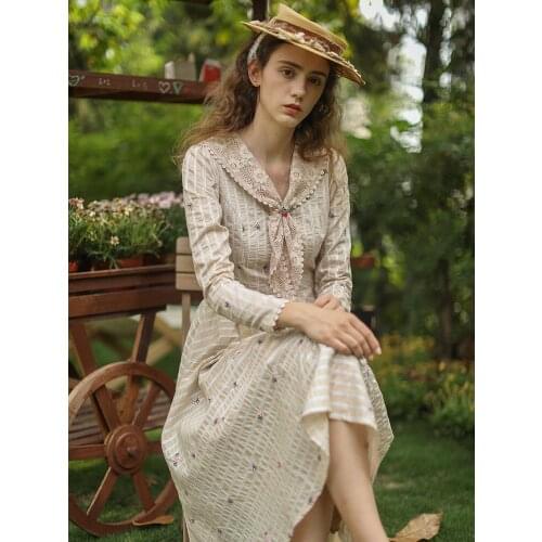 Women Dress Spring Autumn Vintage Elegant Slim Striped Bow Collar Long Dress Korean Flower Embroidery Lace Patchwork Midi Dress