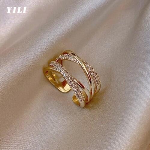 2021 Fashion Geometry Metal Cross Opening Rings Korean Luxury Micro-inlaid Zircon Open Ring for Women Girls Gothic Jewelry
