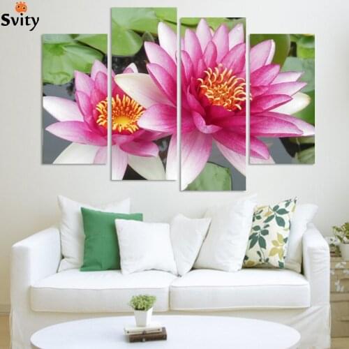 4 Panel Wall Art Pictures Botanical Red Feng Shui pink lotus Oil Painting On Canvas The Picture For Living Room Decoration