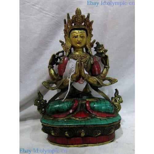 9" Tibet old bronze gild calaite sculpture buddhism Four-armed Kwan-yin Statue