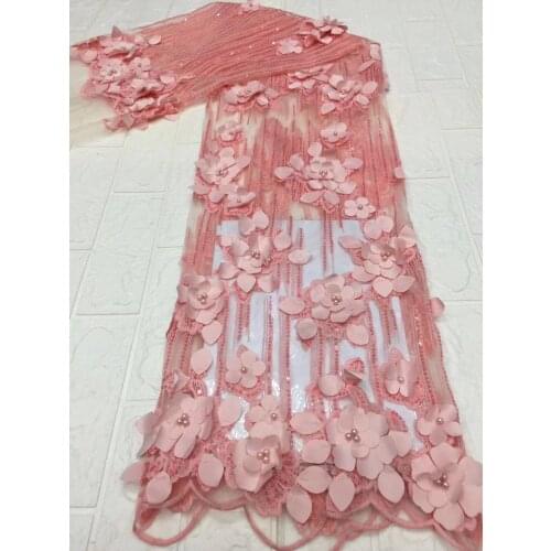 African Lace Fabric 3D Flower High Quality French Tulle Lace Fabric Beaded Nigeria Net Lace Wedding Dress D4503