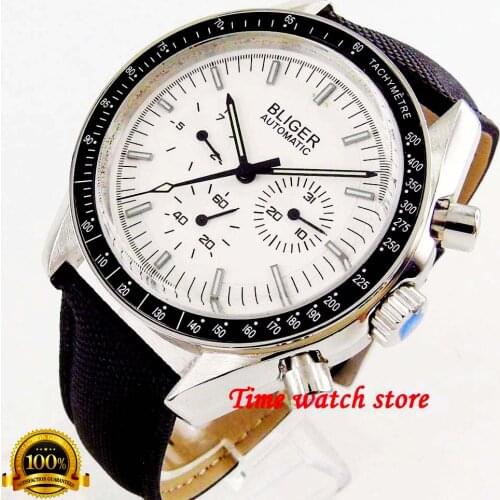Luxury 40mm Bliger mechanical watch men waterproof Multifunction canvas leather strp white dial date week Auto wrist 216