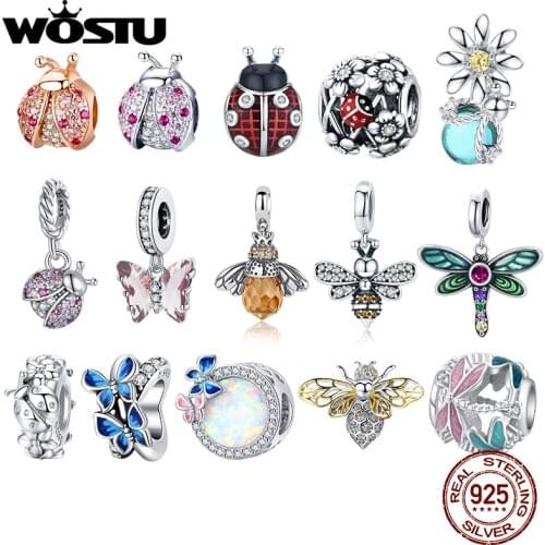 WOSTU 925 Sterling Silver Butterflies Dragonfly Ladybug Beads Charms Pendant Fit Bracelets Women Party Fashion DIY Jewelry Gift