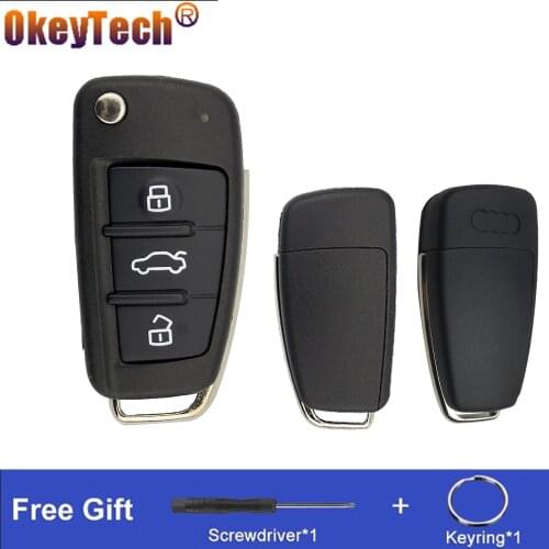OkeyTech 3 Buttons Remote Control Flip Folding Car Key Case Shell Fob For Audi A2 A3 A4 A6 A6L A8 Q7 TT With Uncut HU66 Blade