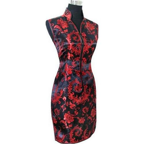 Black Red Chinese Womens Silk Cheongsam Sexy Mini Qipao Evening Party Gown Dress Totem&Flower Size S M L XL XXL XXXL S028-B