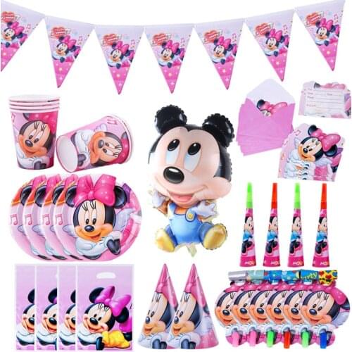 Disney Cartoon Pink Mickey Minnie Disposable Tableware Theme Birthday Party Baby Shower Decorations Paper Cup Plate Napkin