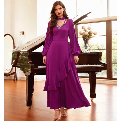 Elegant Evening Dresses For Women 2021 Muslim Arabic Party Long Dress Ethnic Ruffle Satin Maxi Dress Abaya Dubai Islam Clothing