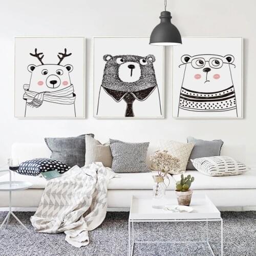 07G Nordic Black And White Cartoon Animal Rabbit Deer Bear A4 A3 Canvas Art Picture Baby Bedroom Childrens Room Wall Decoration