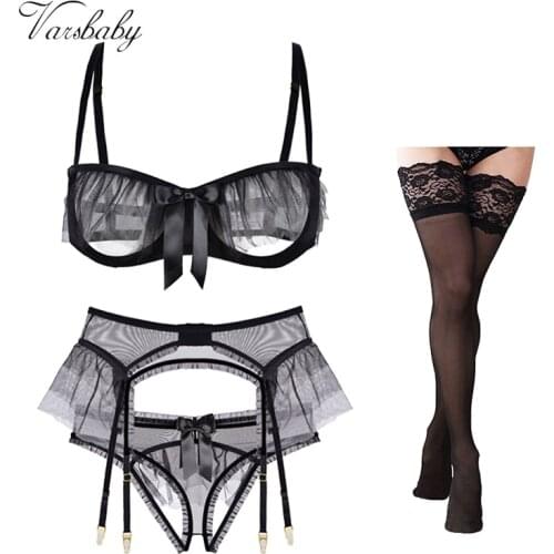 Varsbaby sexy ruffles 4pcs bras+panties+garters+stockings yarn transparent unlined S M L XL underwear set