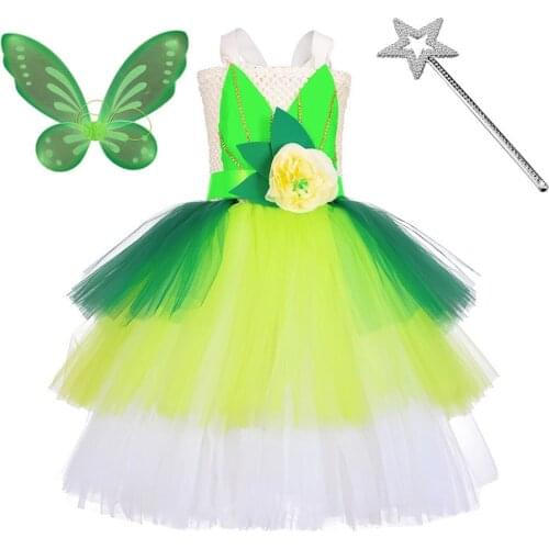 Halloween Fairy Cosplay Costumes with Wings Wand Girls Green Flower Layerd Tutu Dresses for Kids Birthday Party Pageant Dress