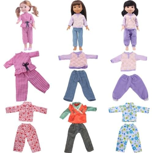 Doll Clothes Printed Pajamas And Animal Print Trouser Suits For 14 Inch Dolls Birthday Girls Toy Gifts