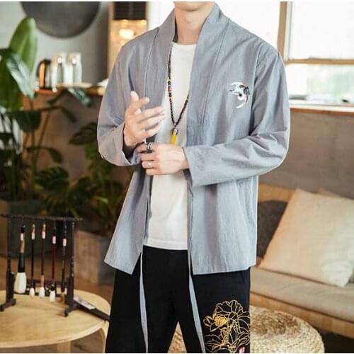 2019 Men Open Stitch Print Autumn Gray Jackets Mens Loose Vintage Chinese Style Jackets Male Fashion Clothes Oversize