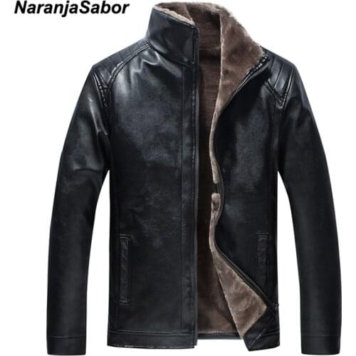 NaranjaSabor Leather Jacket Mens Winter Fleece PU Motorcycle Jackets Fashion Casual Slim Fit Thick Coat Male Brand Clothing N587