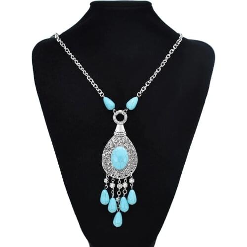 Handmade Blue Stone Necklaces for Women Boho Vintage Silver Color Metal Carved Flower Necklaces Festival Party Tribal Jewelry