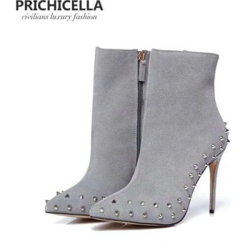 PRICHICELLA genuine leather grey suede pointed toe studded 10cm thin heels ankle boots size34-42