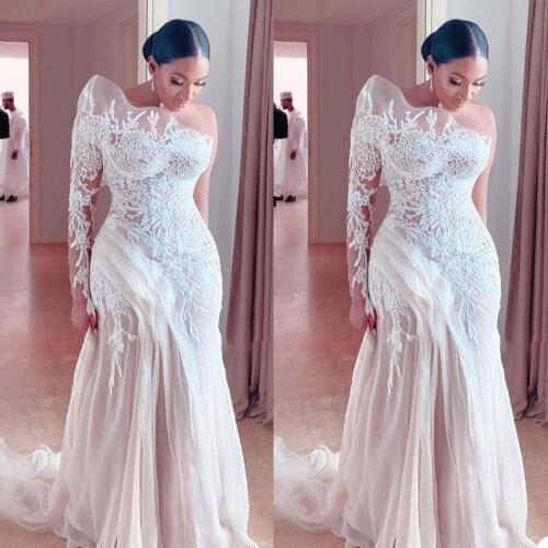 Plus Size Mermaid Wedding Dresses Unique One Shoulder Long Sleeve Lace Bridal Gowns Beach Wedding Dress vestidos de novia