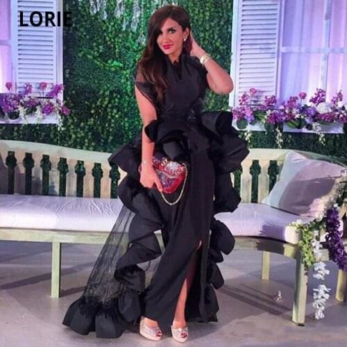 LORIE Sexy Black Evening Dresses 2021 Front Split Middle East High Neck Ruffle Peplum Floor Length Prom Dress Saudi Arabia Gown