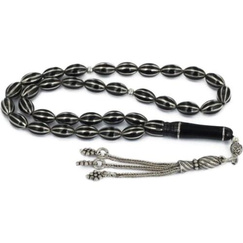 Silver Natural Jet Stone Prayer Bead With Silver Tassel Men Rosary Islamic Tasbih With Grape Tassel 925 Sterling Silver