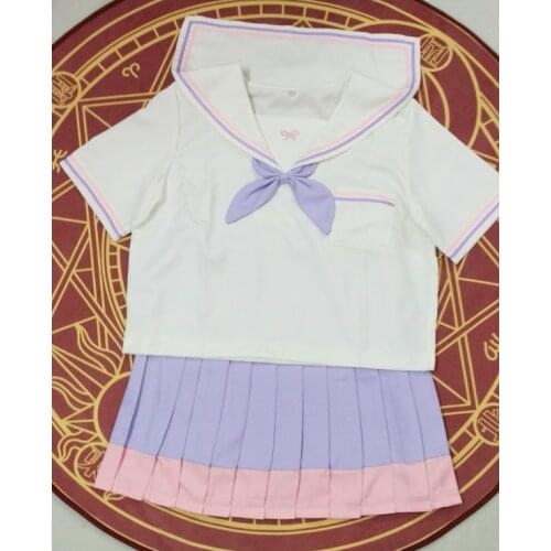 Cute Princess Dream Bow Embroidery Japanese Girls School Uniform JK Set: Sailor Collar T-shirt + Pink&Lavender Pleated Skirt