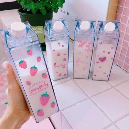 Strawberry Box Glass Japanese and Korean Style Cartoon Printed Water Bottle with Lid Translucent Large Capacity Milk Cup