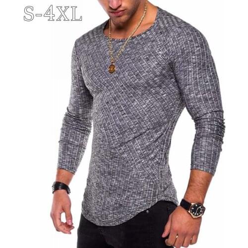 Spring New T Shirt Men Casual Long Sleeve O-Neck Men T Shirt Striped Elastic Solid Tshirt Slim Fit Streetwear Tee Shirt Homme