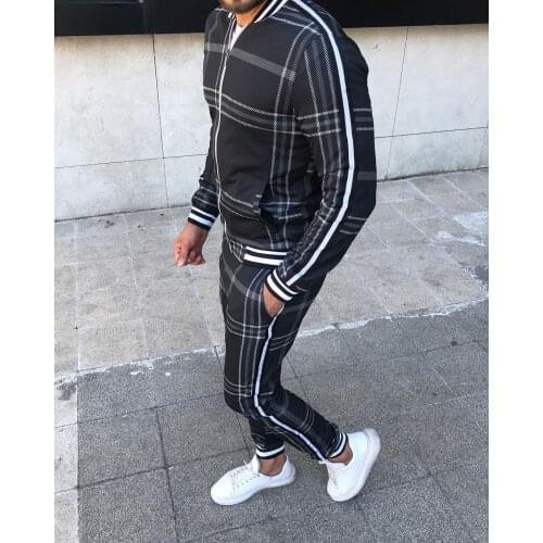 European and American style spring sportswear mens zipper V-neck jacket + sports pants fashion casual suit two-piece men