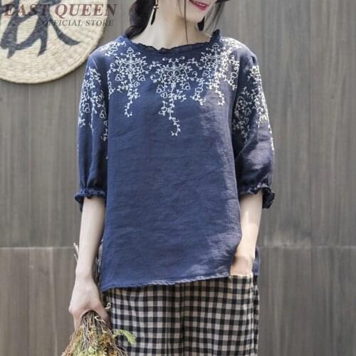 Vintage Ladies Chinese Tops Half Sleeve O Neck Women Tops And Blouses Cotton Linen Literary Chinese Fashion Clothes TA1781
