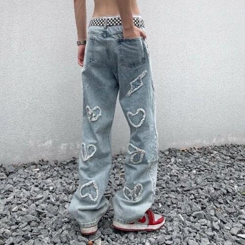 Women jeans demin Patch Designs Do old high waist heart print vintage loose straight pants cargo streetwear boyfriend trousers