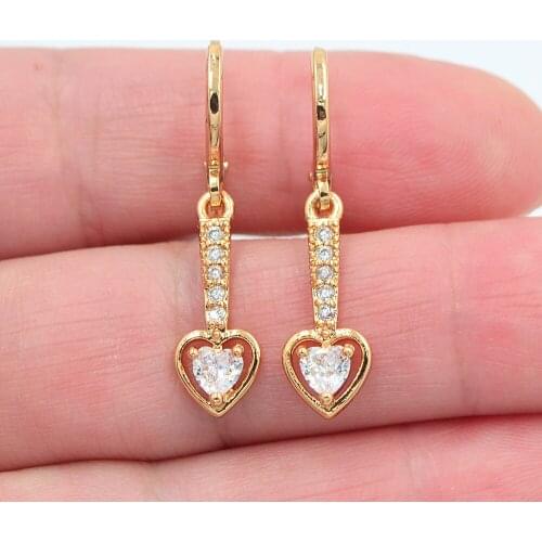 Gold Color Women Fashion Clear White Zirconia CZ Love Hearts Dangle Earrings Jewelry