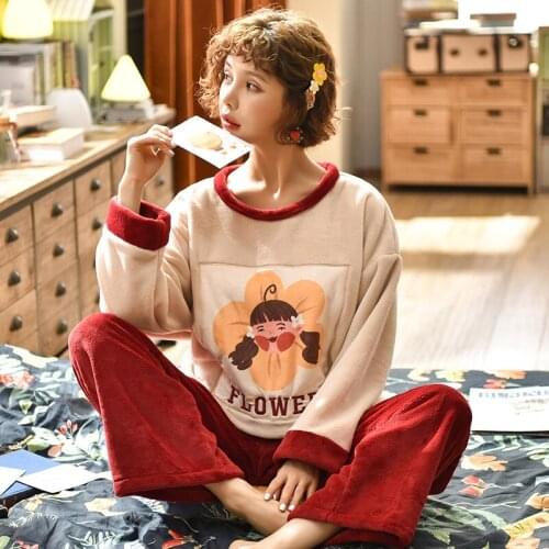 Womens Pajamas Cartoon Sleepwear Winter Warm Lingerie Home Wear Women Matching Fashion Pajamas Sets Round-Neck Thick Flannel