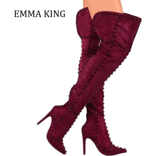 Women Studded Over The Knee Boots Sexy Pointed Toe Stiletto Heels Long Booties Motorcycle Thigh Boots Zapatos De Mujer 2021